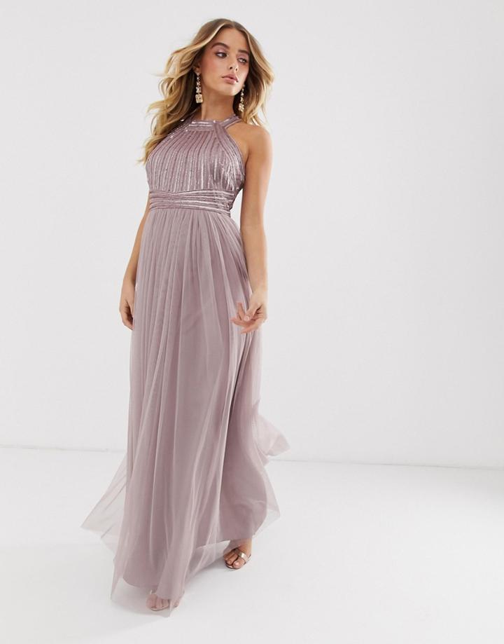 Asos Design Maxi Dress With Linear Sequin And Beaded Bodice And Tulle Skirt-multi