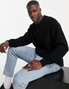 Topman Oversized Long Sleeve Knitted Polo In Black