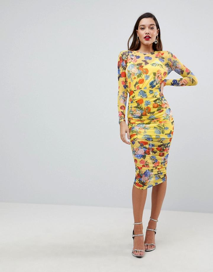 Asos Design Printed Mesh Pencil Dress With Ruched Skirt - Multi