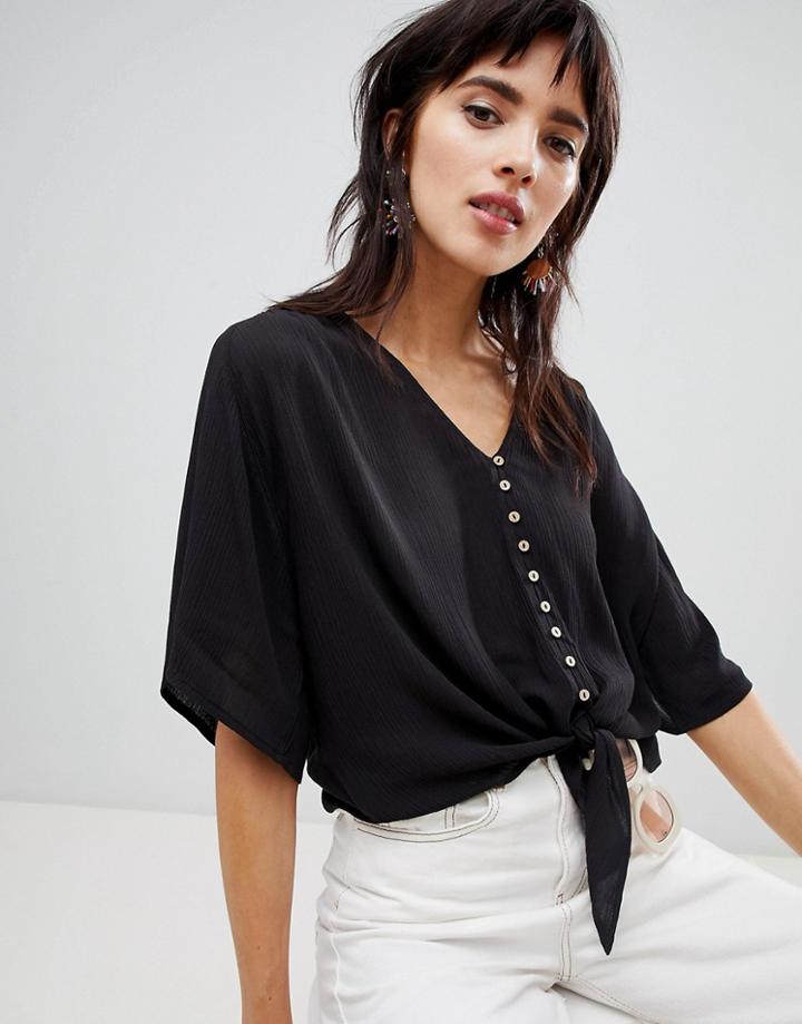 Stradivarius Button Front Tie Waist Top - Black