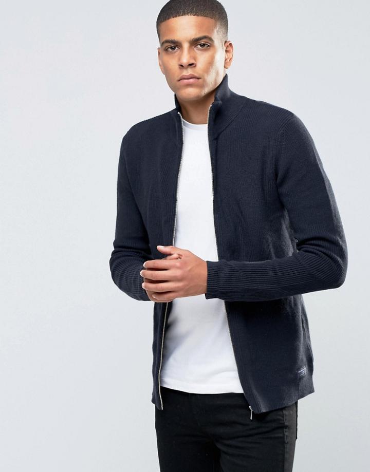 Selected Homme Ribbed Zipped Cardigan - Navy