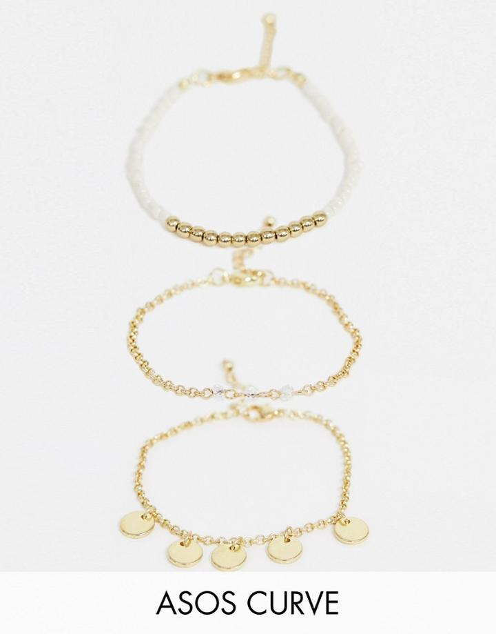 Asos Design Curve Pack Of 3 Bead And Disc Bracelets In Gold Tone - Gold