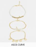 Asos Design Curve Pack Of 3 Bead And Disc Bracelets In Gold Tone - Gold