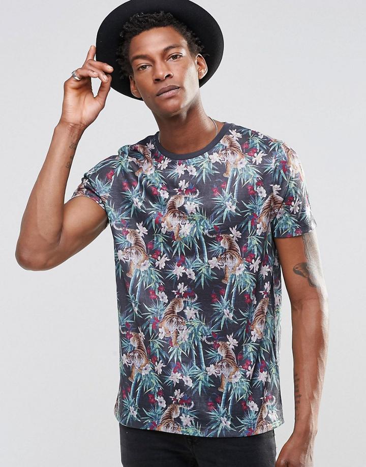 Asos T-shirt With Tiger And Jungle Print On Linen Look Fabric - Multi