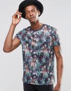 Asos T-shirt With Tiger And Jungle Print On Linen Look Fabric - Multi