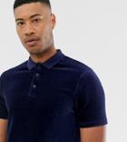 Asos Design Tall Longline Polo Shirt In Ribbed Velour In Navy - Navy