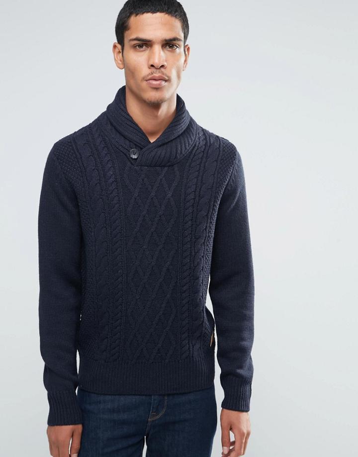 Threadbare Shawl Neck Cable Knit Sweater - Navy