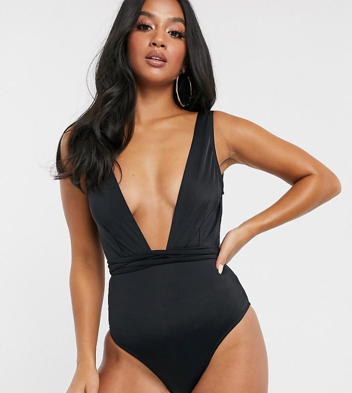 Asos Design Petite Glam Belted Swimsuit In Black - Black
