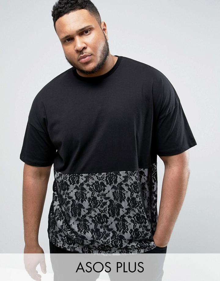 Asos Plus Oversized T-shirt With Lace Cut And Sew Panel - Black