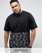 Asos Plus Oversized T-shirt With Lace Cut And Sew Panel - Black