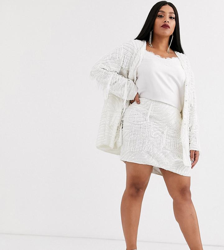 Asos Edition Curve Beaded Fringe Mini Skirt-white