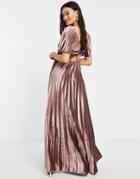 Asos Design Twist Back Pleated Empire Waist Velvet Maxi Dress In Champagne-gold