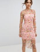 Prettylittlething Embroidered Sheer Midi Dress - Pink