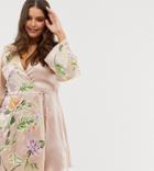 Asos Design Curve Satin Kimono Jacket Mini Dress With Floral Embroidery And Tassle Tie - Pink