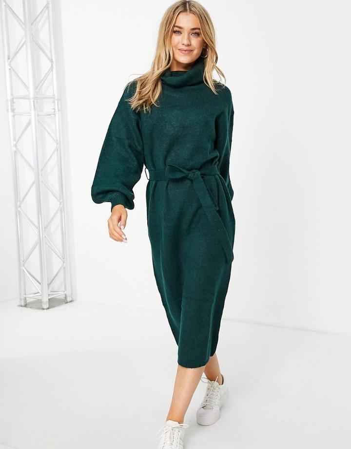 Asos Design Knit Roll Neck Midi Dress With Tie Waist In Dark Green