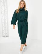Asos Design Knit Roll Neck Midi Dress With Tie Waist In Dark Green