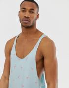 Asos Design Extreme Racer Back Tank With Raw Edge With All Over Flamingo Print - Blue