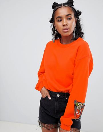 Ragyard Boyfriend Sweater With Bead Patch - Orange