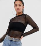 Asos Design Petite Sheer Fishnet Mesh Top With Long Sleeve - Black