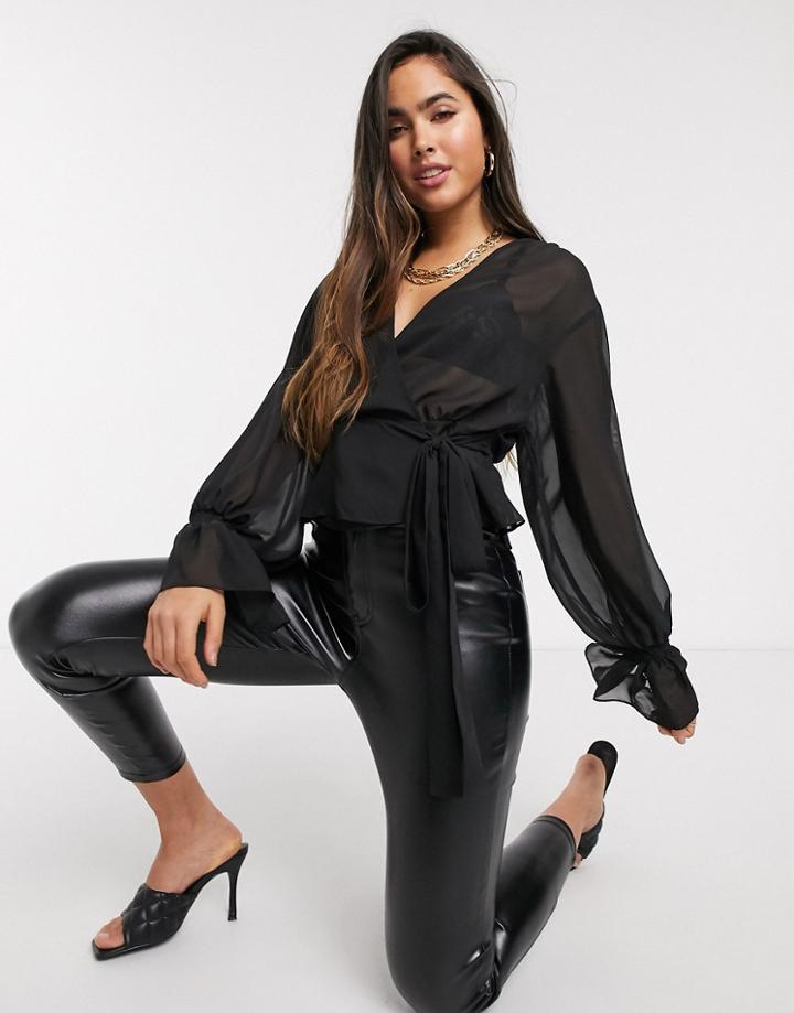 Asos Design Long Sleeve Sheer Wrap Top In Black