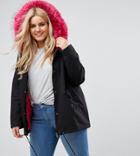 Brave Soul Plus Panther Parka Coat With Bright Faux Fur Trim - Black