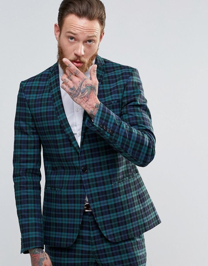 Asos Skinny Suit Jacket In Plaid Check - Navy