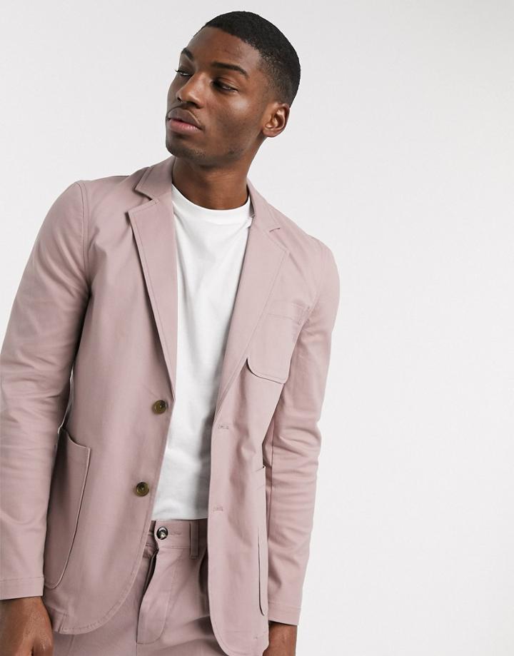 Asos Design Slim Soft Tailored Cotton Blazer With Square Pockets In Warm Pink