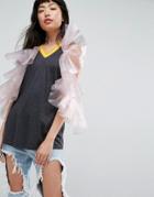 Asos T-shirt With Exaggerated Cold Shoulder Ruffle - Gray