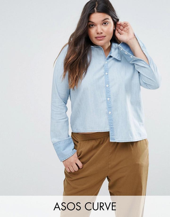 Asos Curve Denim Shirt With Stepped Collar And Hem - Blue