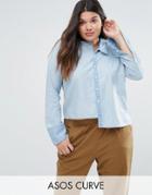 Asos Curve Denim Shirt With Stepped Collar And Hem - Blue