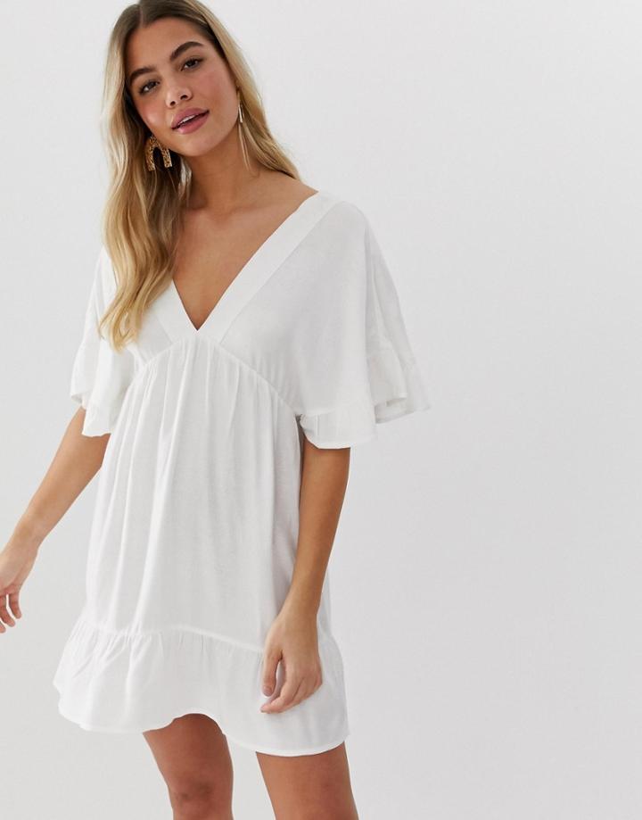 Asos Design V Front V Back Smock Mini Dress With Pep Hem - White