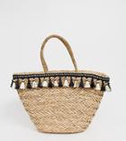 Missguided Woven Beach Bag With Tassel Trim - Brown