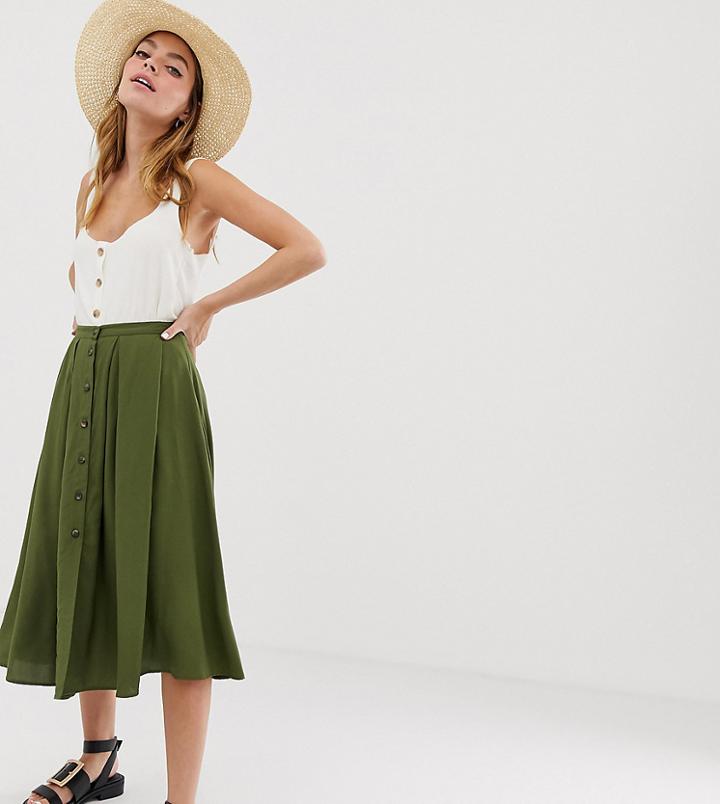 Asos Design Petite Button Front Floaty Midi Skirt - Green