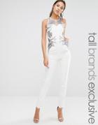 Little Mistress Tall Jumpsuit With Lace Print And Mesh Detail - Cream