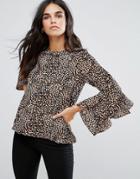 Brave Soul Leopard Fluted Sleeve Top - Brown