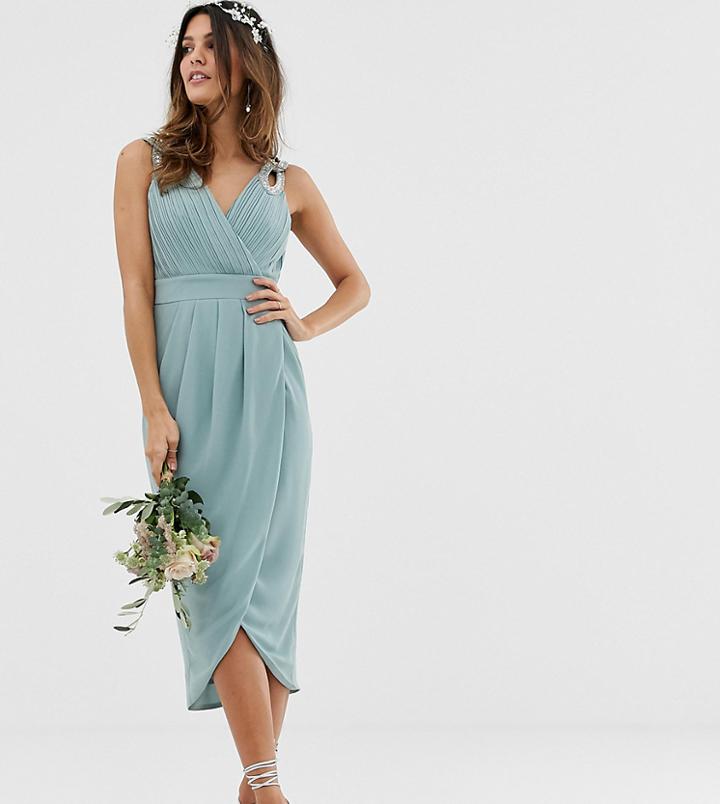 Tfnc Bridesmaid Exclusive Wrap Midi Dress In Sage-green
