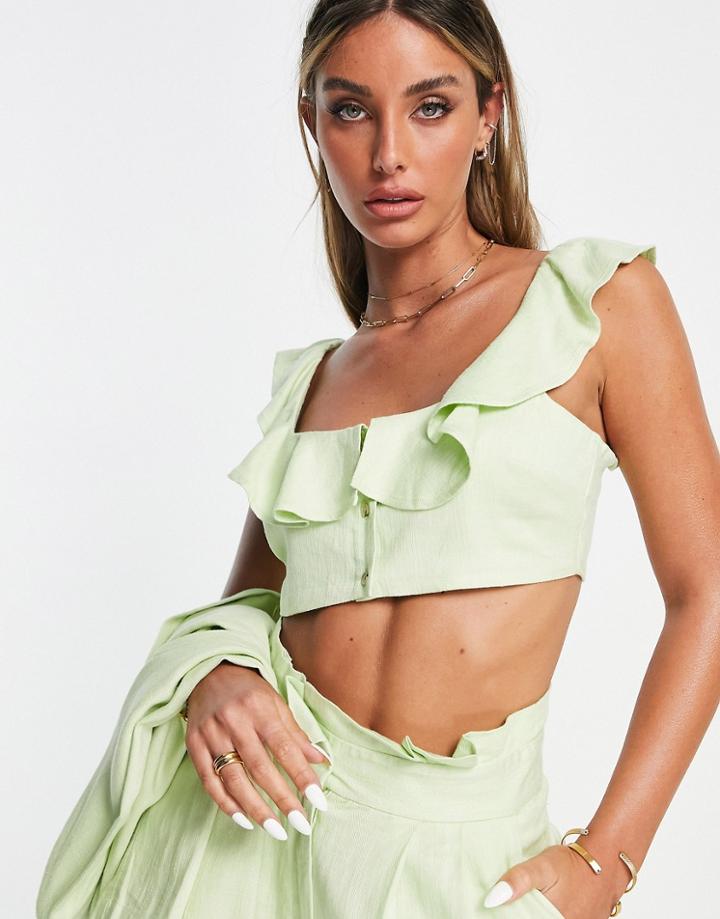Asos Design Linen Ruffle Bralette Suit Top In Lime-green