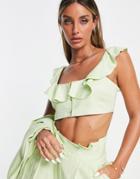 Asos Design Linen Ruffle Bralette Suit Top In Lime-green