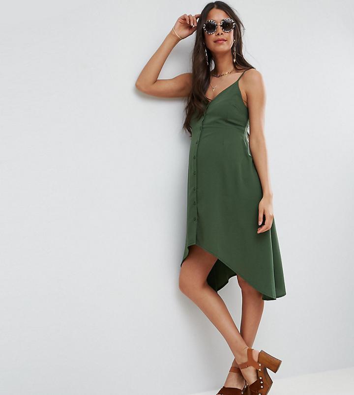 Asos Maternity Button Throughsun Dress With Dipped Hem - Green