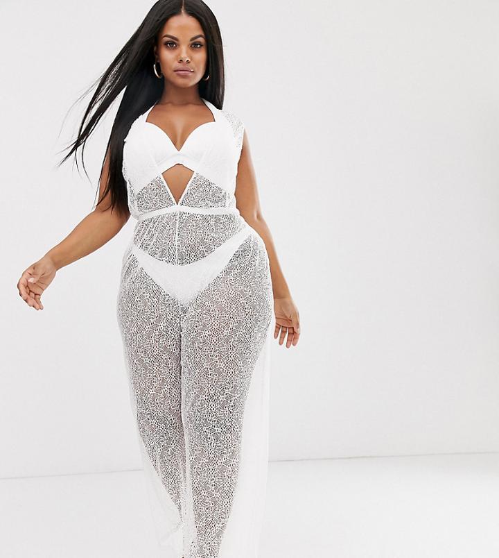 Asos Design Curve Webbed Lace Jersey Beach Jumpsuit With Plunge Neck & Tie Waist - White