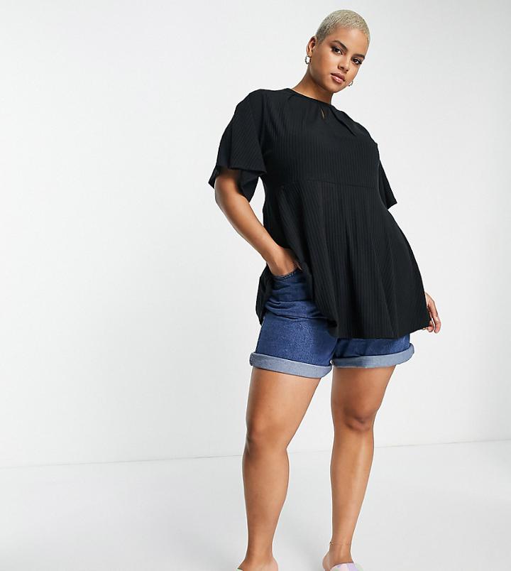 Yours Ribbed Peplum Top With Keyhole Detail In Black
