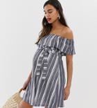 Asos Design Maternity Off Shoulder Pique Stripe Sundress With Belt - Multi