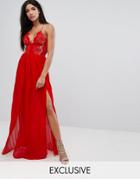Rare London Eyelash Plunge Double Side Split Maxi Dress - Red