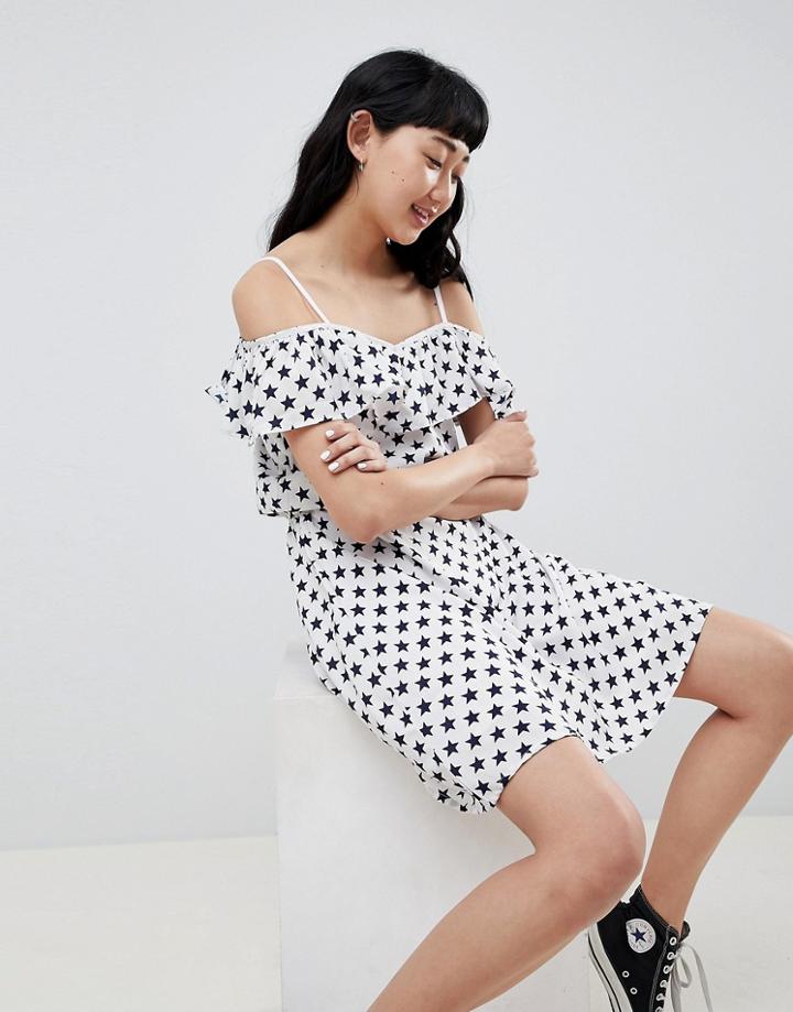 Daisy Street Bardot Dress In Star Print - Multi