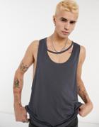 Asos Design Relaxed Viscose Tank With Slash Neck In Washed Black-grey