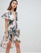 Influence Plunge Front Dip Hem Beach Dress In Summer Palm Print - Green
