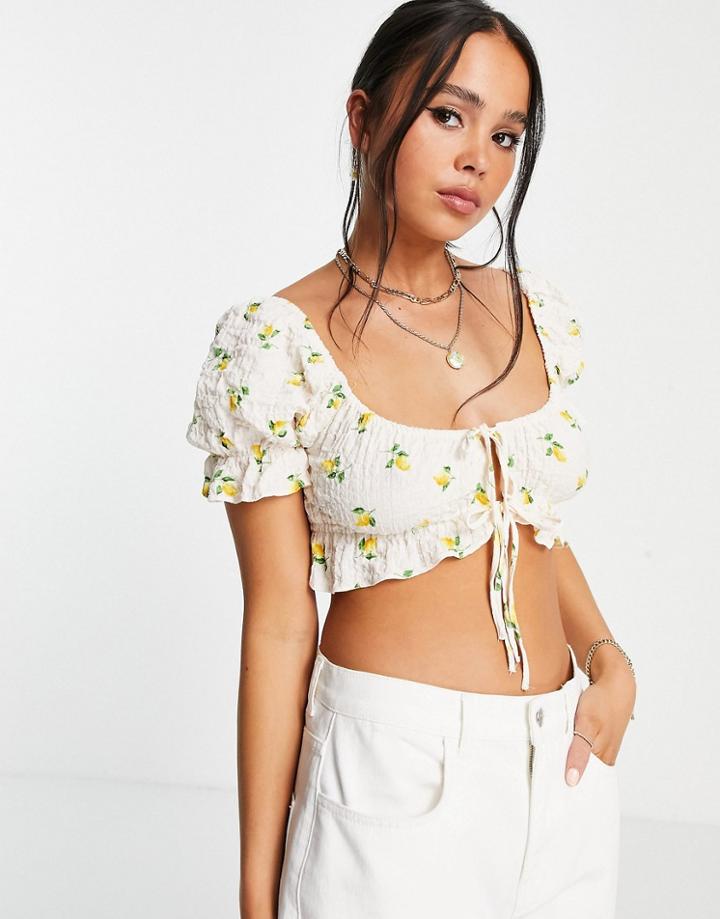 Topshop Lemon Print Tie Front Crop Top In Yellow