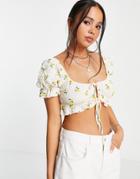 Topshop Lemon Print Tie Front Crop Top In Yellow
