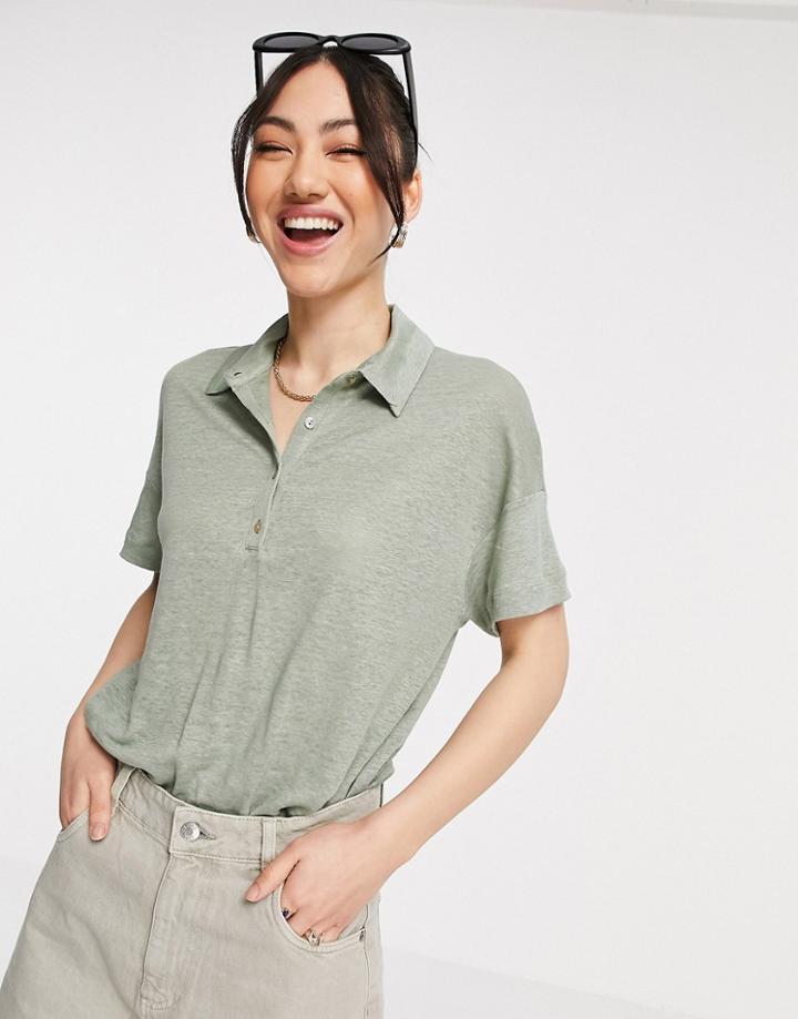 Mango Linen Polo Top In Green