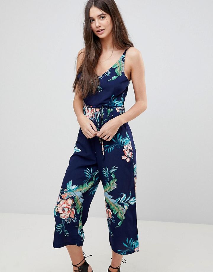 Ax Paris Tropical Print Jumpsuit - Navy